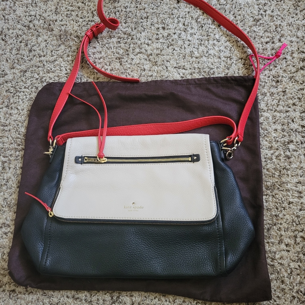 Kate Spade Large Leather cross body or hand bag satchel. Black red and cream